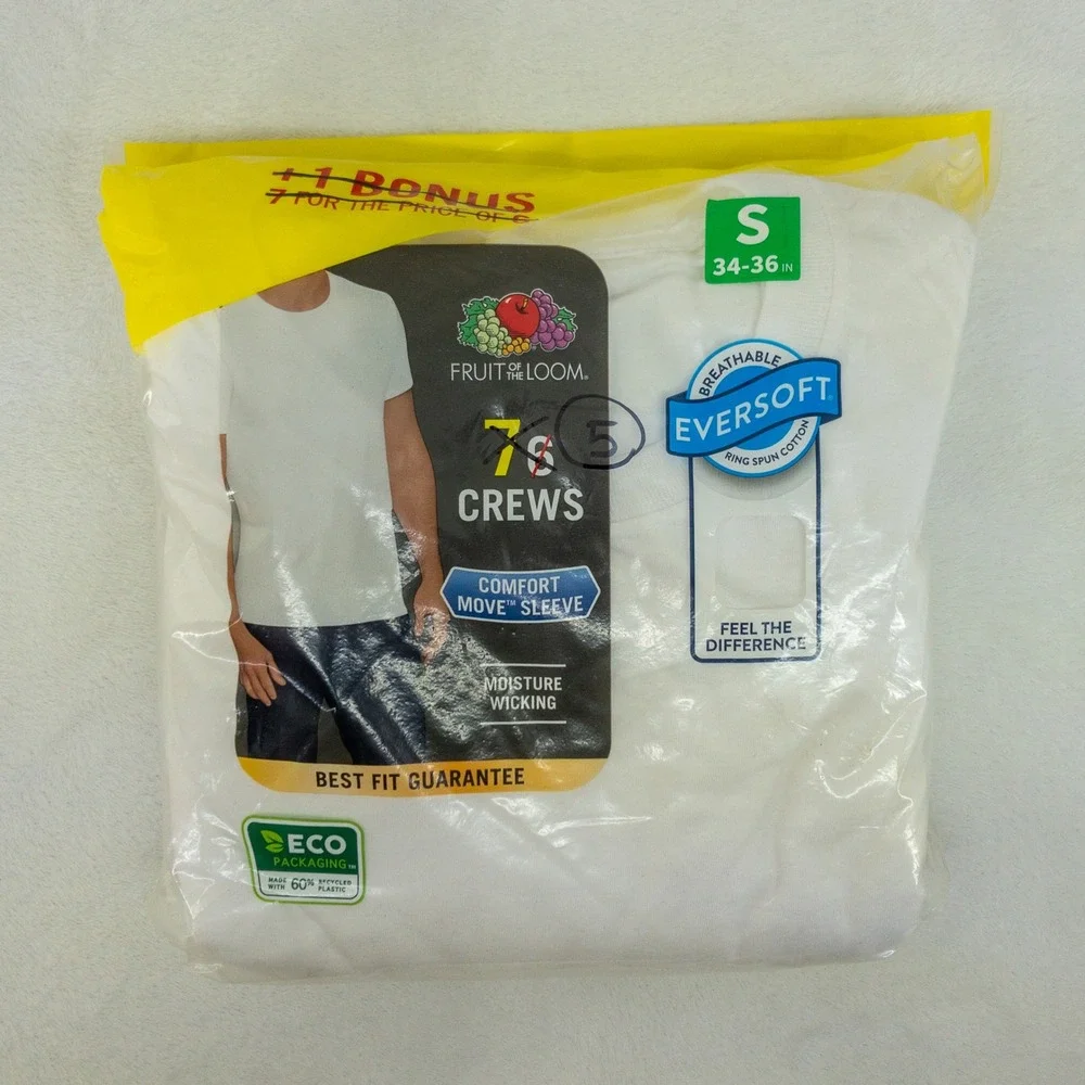 Fruit of the Loom Crew Neck T Shirts Mens Small White 5 Value Pack Cotton